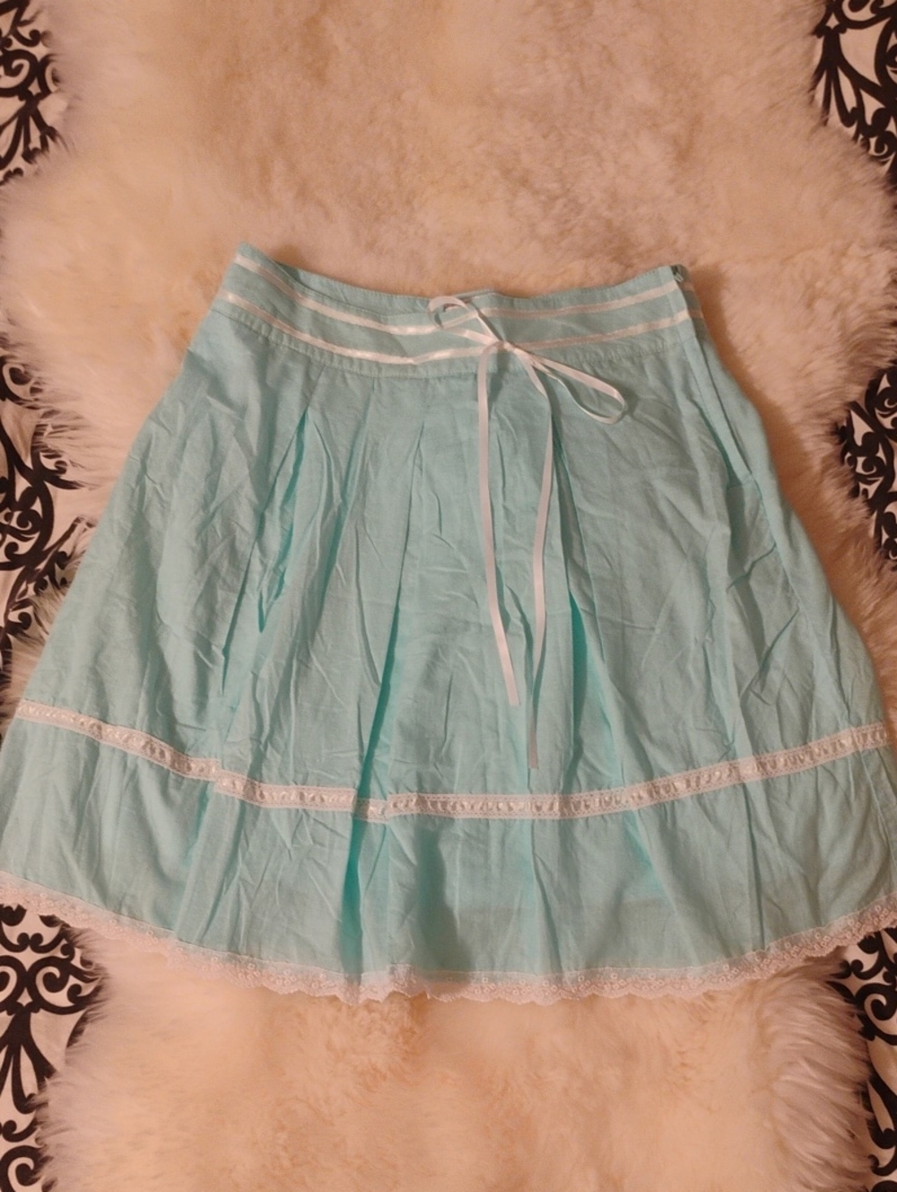 La Belle Aqua Blue Skater Skirt with White Lace Trim, 5, New